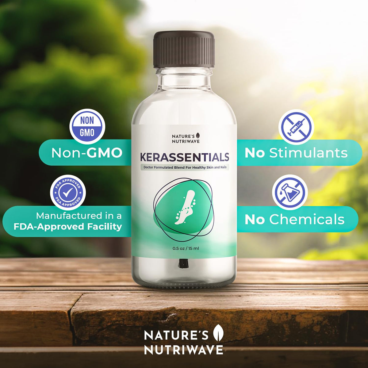 Nature’s NutriWave Kerassentials Oil packaging highlights a non-GMO, stimulant-free formula for sensitive skin.