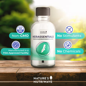 Nature’s NutriWave Kerassentials Oil packaging highlights a non-GMO, stimulant-free formula for sensitive skin.