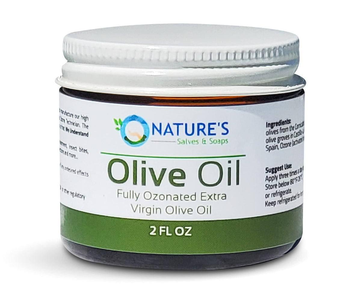 Nature's Salves ozonated olive oil glass jar with clean packaging.