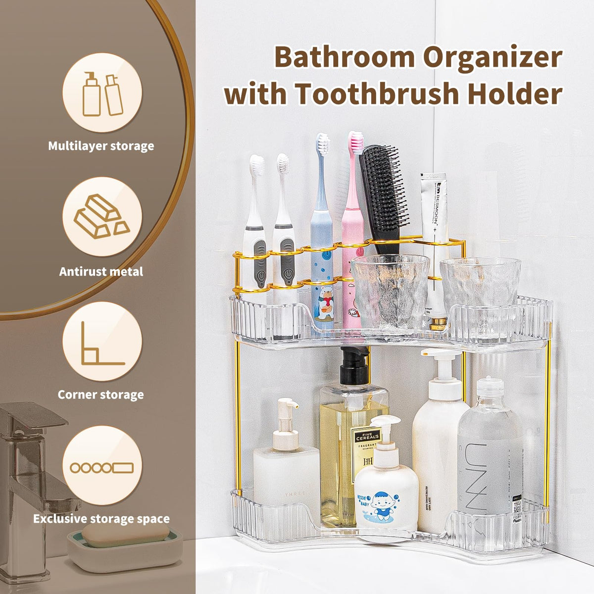 NATURE'S SOURCE easy-assembly corner organizer fits tall toiletries like shampoo bottles.