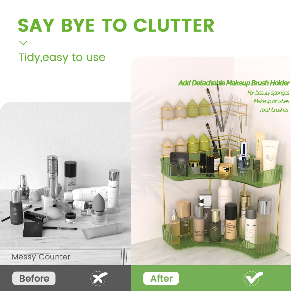 Nature's Source makeup organizer vanity green side view highlighting corner storage efficiency