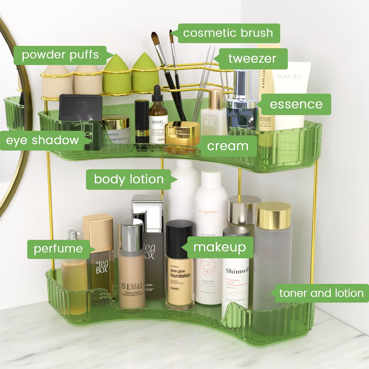 Nature's Source perfume display green on organizer adds decorative storage