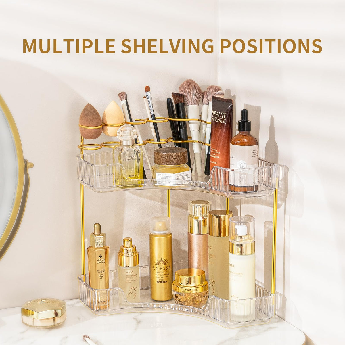 NATURE'S SOURCE 2-tier design holds brushes, bottles, and daily essentials neatly.