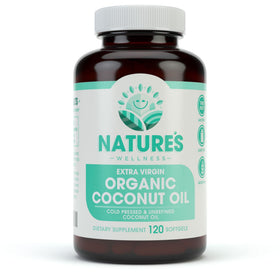 Nature's Wellness coconut oil bottle on countertop highlights purity for skin, hair, and cooking.