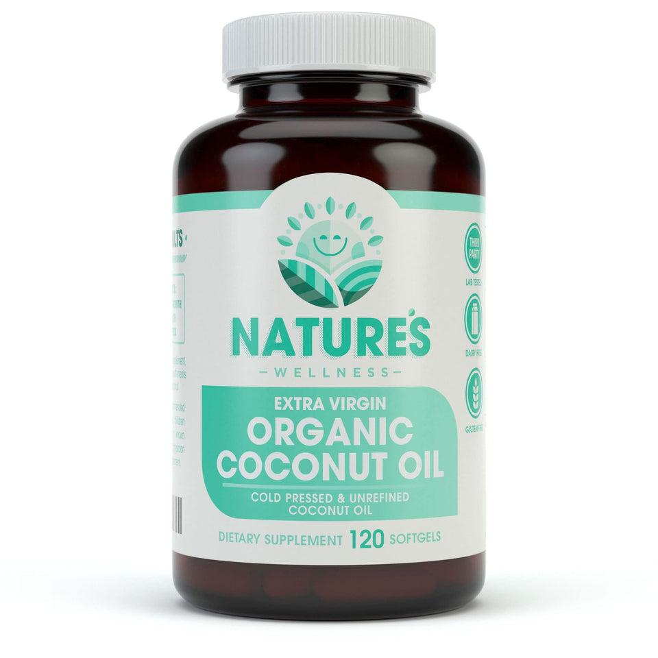 Nature's Wellness coconut oil bottle on countertop highlights purity for skin, hair, and cooking.