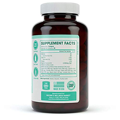 Nature's Wellness coconut oil nutrition label highlighting MCT MCFA features.