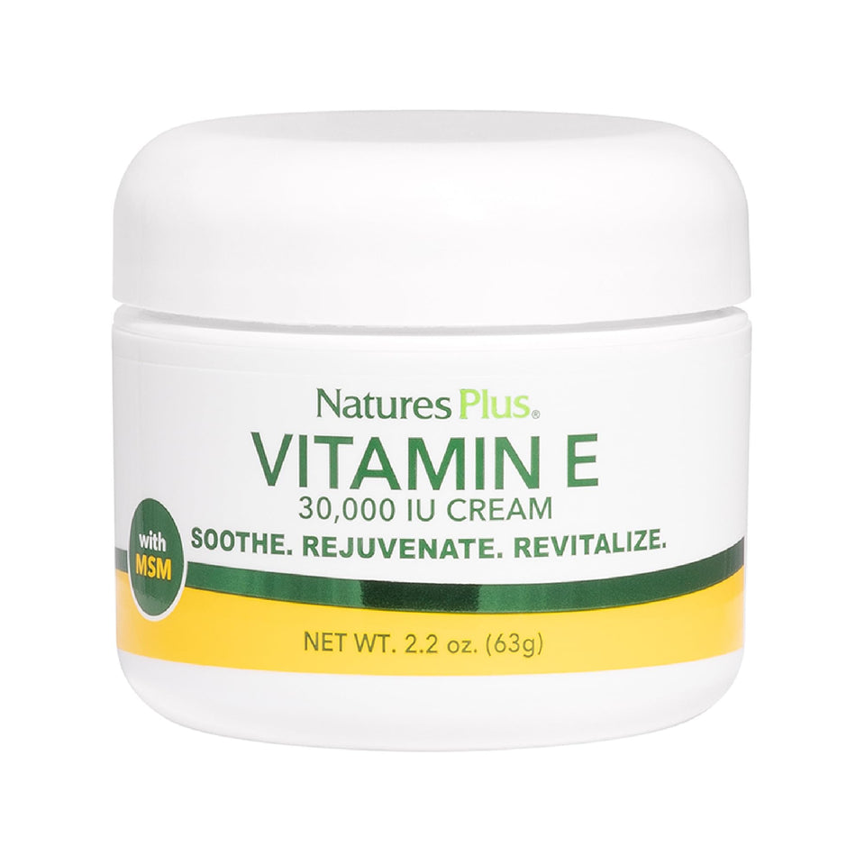 NaturesPlus Vitamin E Cream jar closeup for deep hydration and soft skin