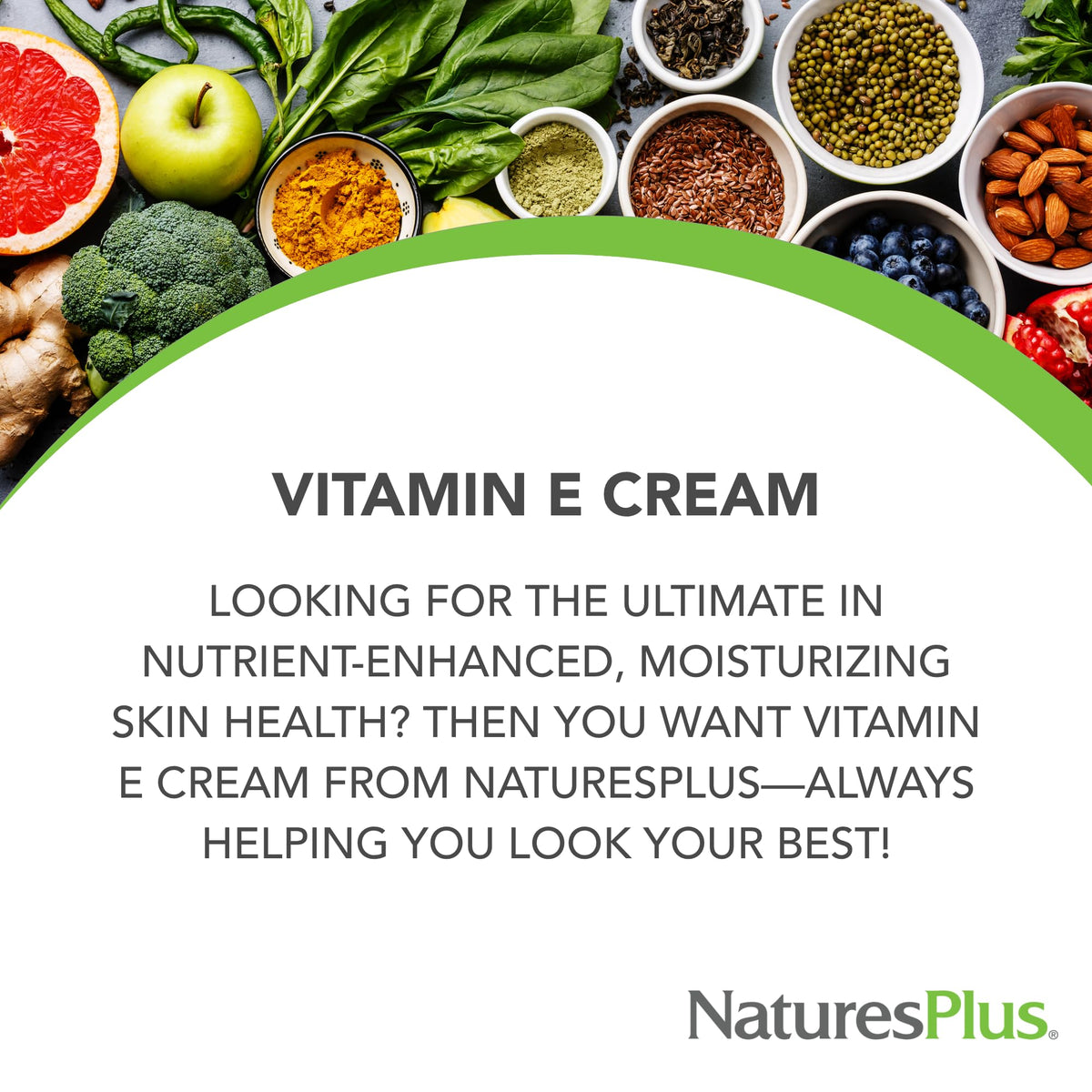 NaturesPlus Vitamin E Cream packaging on display highlighting the premium formula
