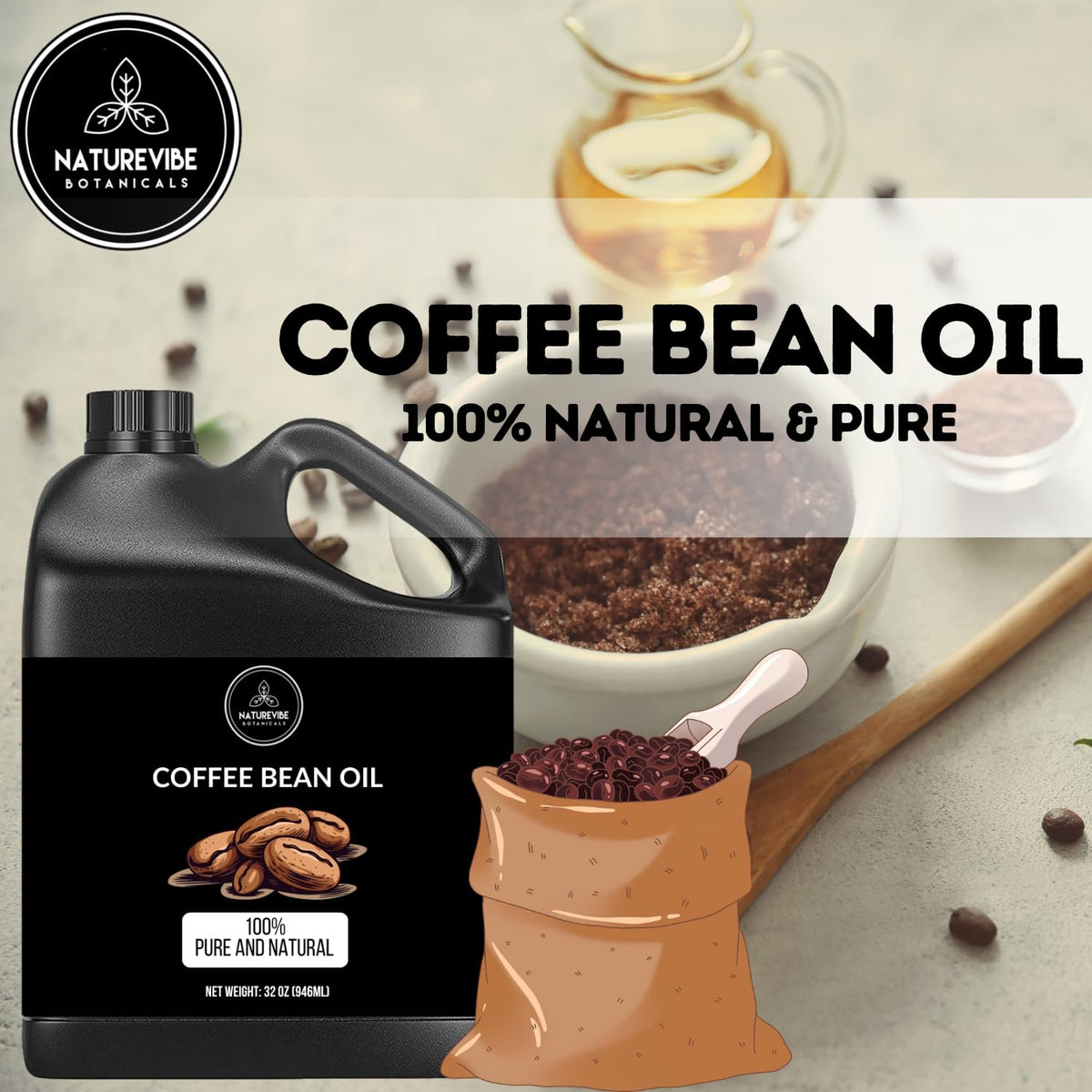 Naturevibe Botanicals Coffee Bean Oil label closeup highlighting purity