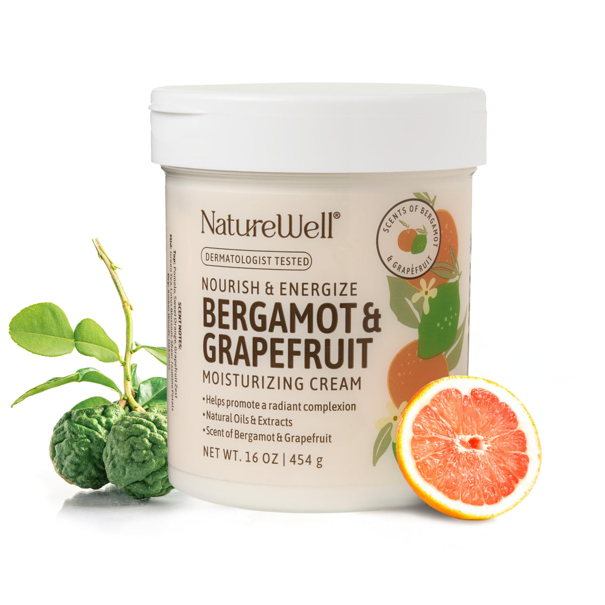 NatureWell Bergamot and Grapefruit Nourish and Energize cream jar for refreshing daily hydration.