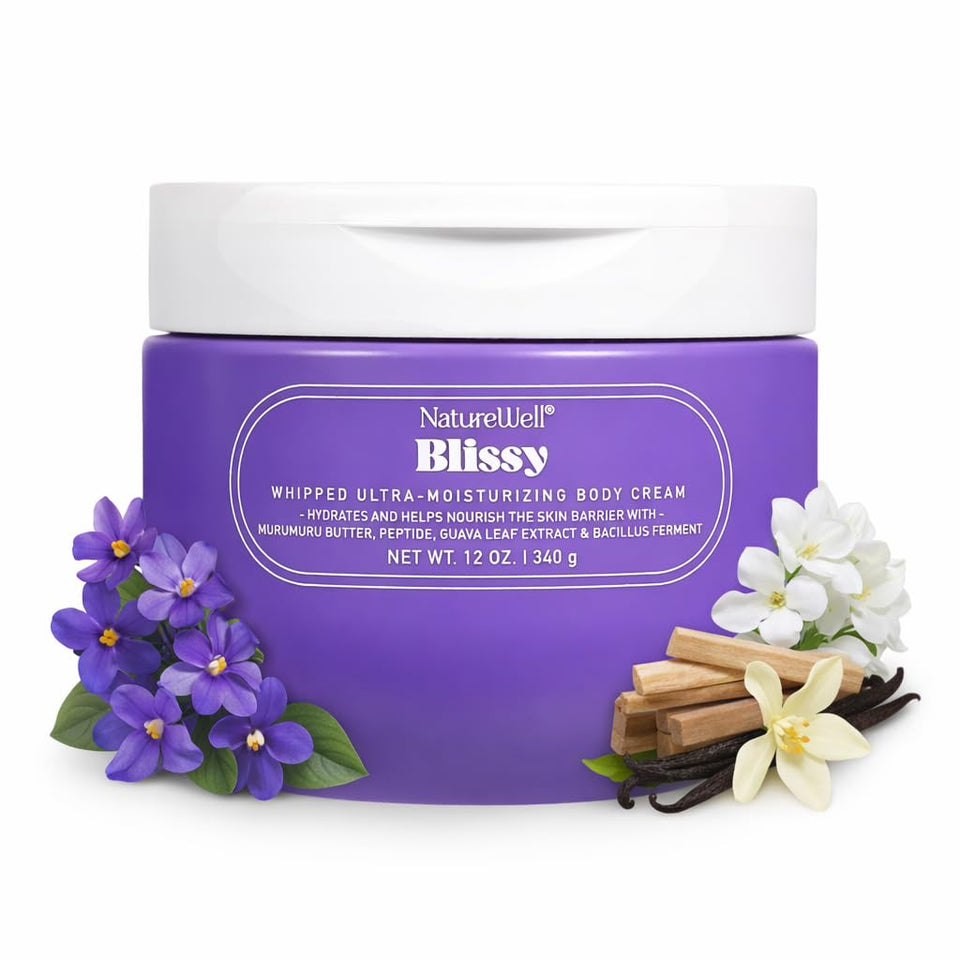 NATURE WELL Blissy whipped body cream bottle ready for daily hydration.