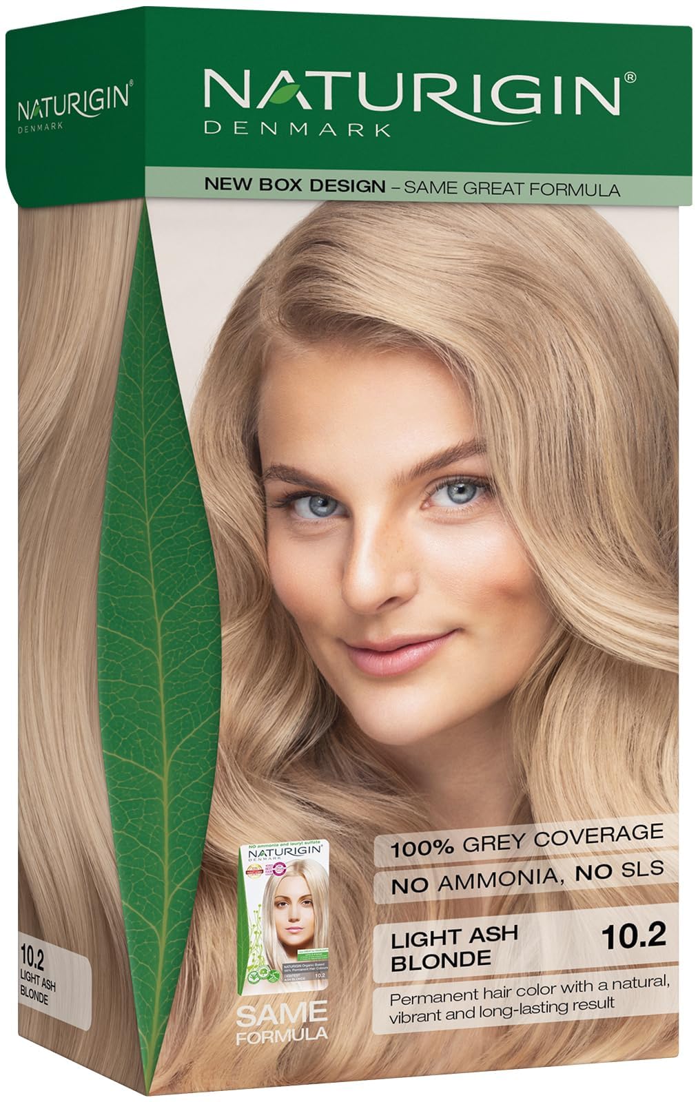 Naturigin 10.2A packaging for light ash blonde demonstrates at-home, ammonia-free color for gray coverage