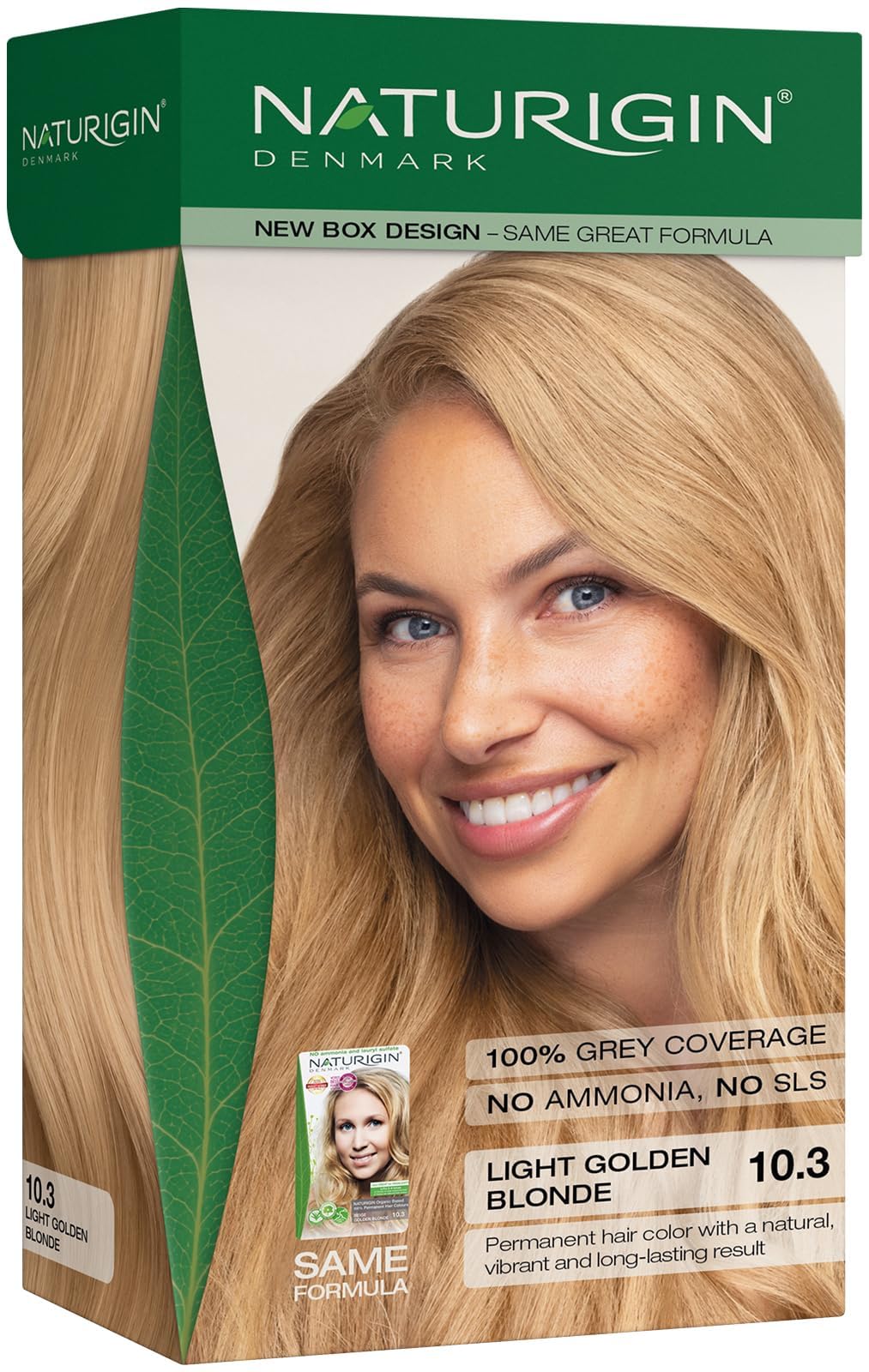 Naturigin permanent hair color 10-3 pack image showing at-home salon-quality color and gray coverage.