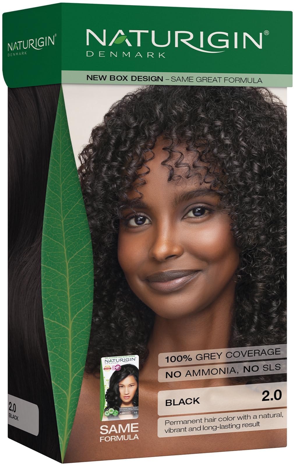 Naturigin Permanent Hair Color 2.0 Black packaging shows at-home salon quality and gray coverage.