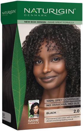 Naturigin Permanent Hair Color 2.0 Black packaging shows at-home salon quality and gray coverage.