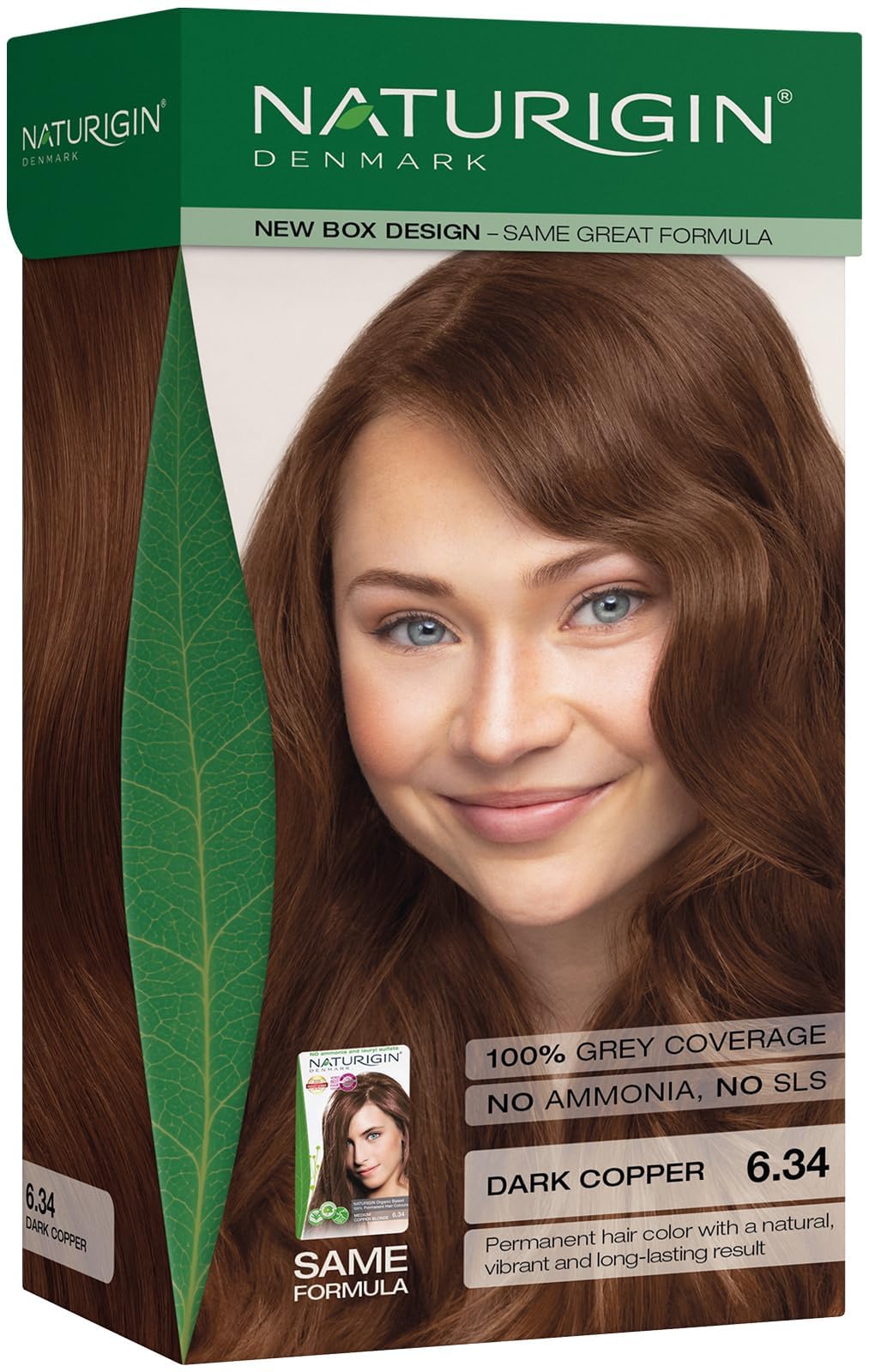 Naturigin permanent color 6.34 dark copper bottle for gray coverage and vibrant color.