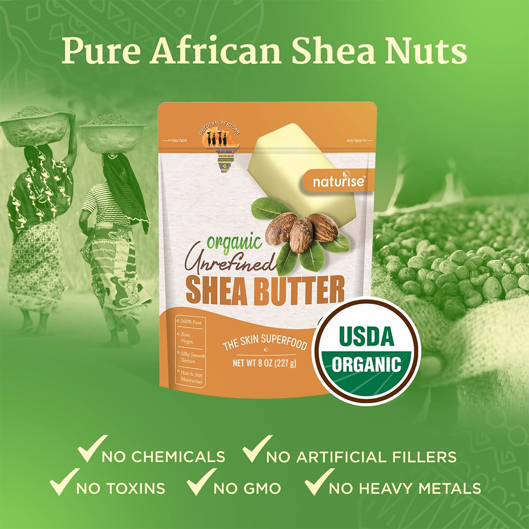 Naturise African Shea Butter hand application demonstrates easy moisturization for skin and hair.