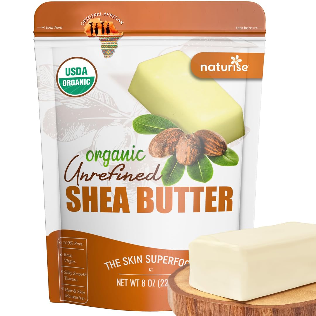 Naturise African Shea Butter packaging close-up showing purity for clean beauty use.