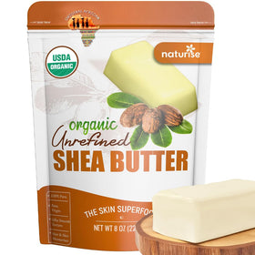 Naturise African Shea Butter packaging close-up showing purity for clean beauty use.