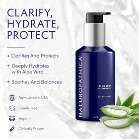 Aloe Vera gel texture shown, offering refreshing cleansing for all skin types.