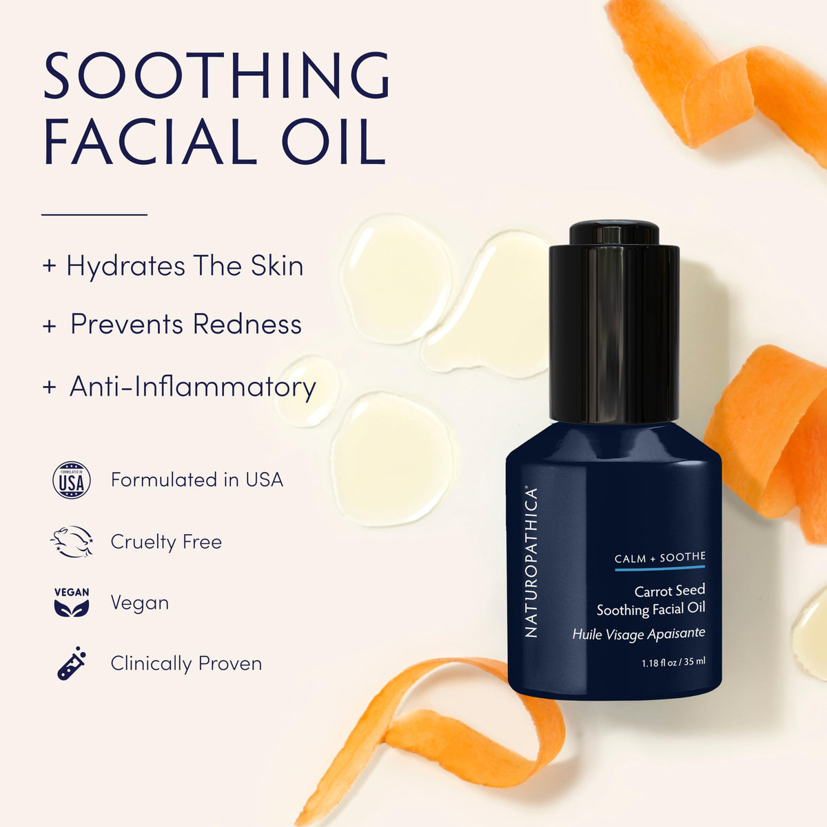 Close up of Naturopathica carrot seed oil dropper highlighting antioxidant rich formula.