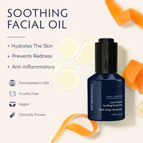 Close up of Naturopathica carrot seed oil dropper highlighting antioxidant rich formula.
