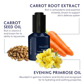 Ingredients view with carrot seed oil and evening primrose nourishing the skin.