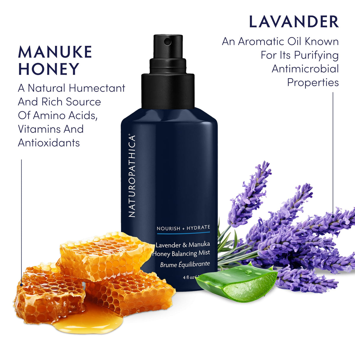 Close-up of the Naturopathica Lavender & Honey Balancing Mist label.