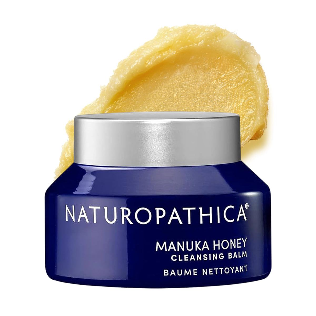 Naturopathica Manuka Honey Cleansing Balm jar close-up; creamy texture for gentle cleansing and hydration.