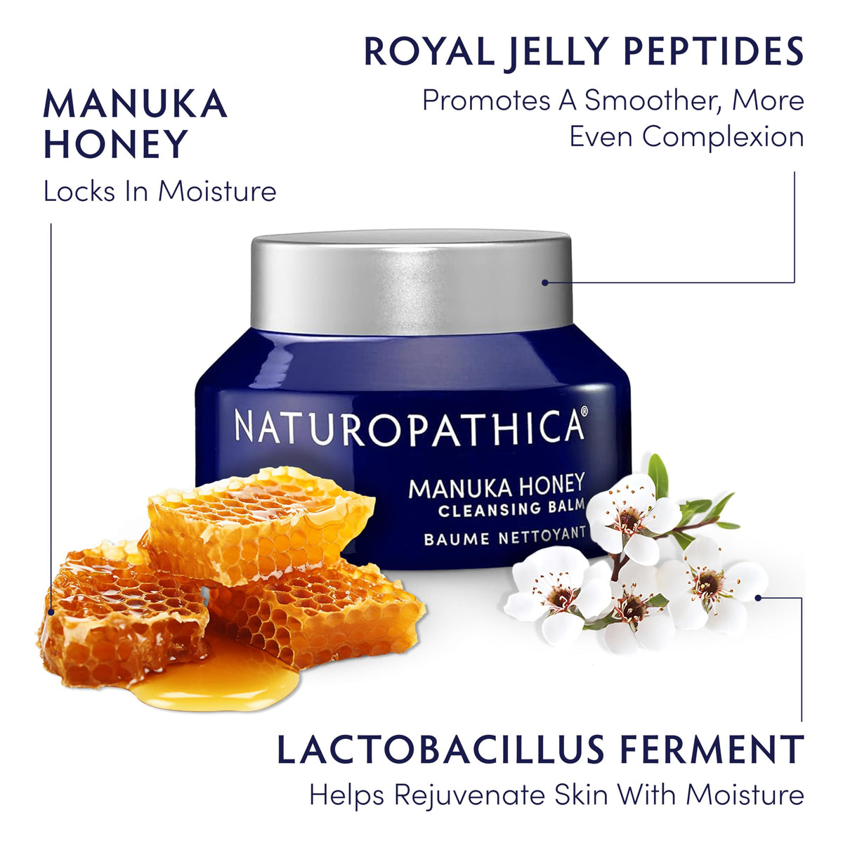 Naturopathica Manuka Honey Cleansing Balm with warm washcloth; prepares skin for smoother hydration.