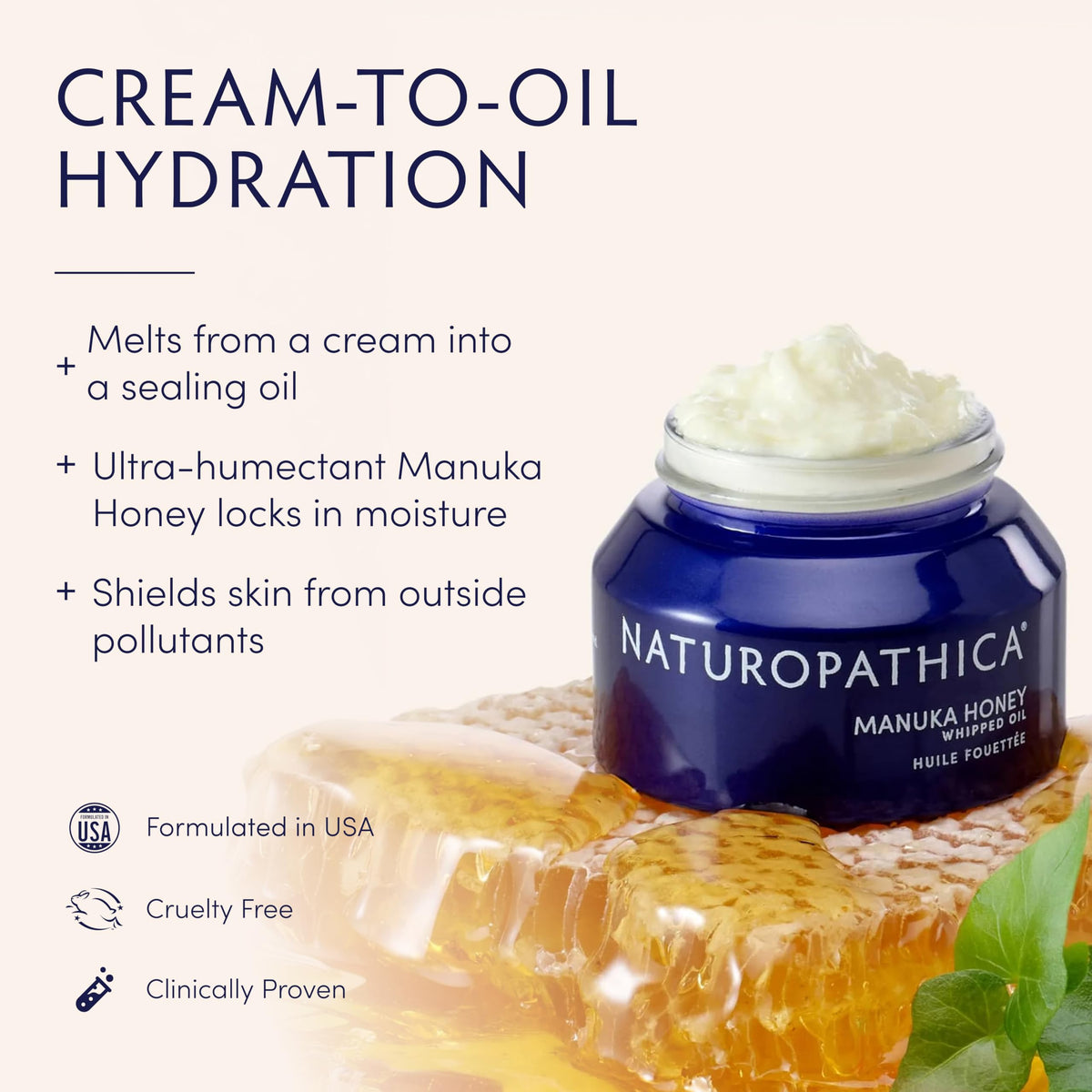 Naturopathica Manuka Honey Whipped Oil swirl shows silky texture for nighttime hydration.