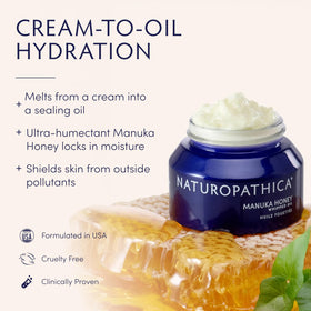 Naturopathica Manuka Honey Whipped Oil swirl shows silky texture for nighttime hydration.