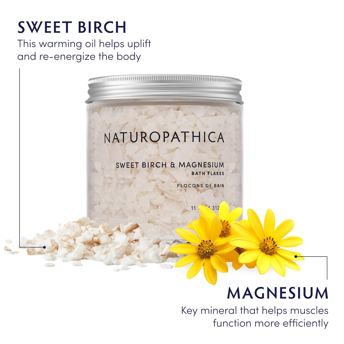 Flakes dissolve in warm bathwater for a relaxing soak with Sweet Birch.