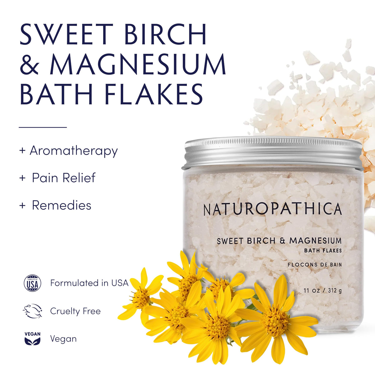 Naturopathica Sweet Birch Magnesium Bath Flakes ingredients close-up highlighting purity.