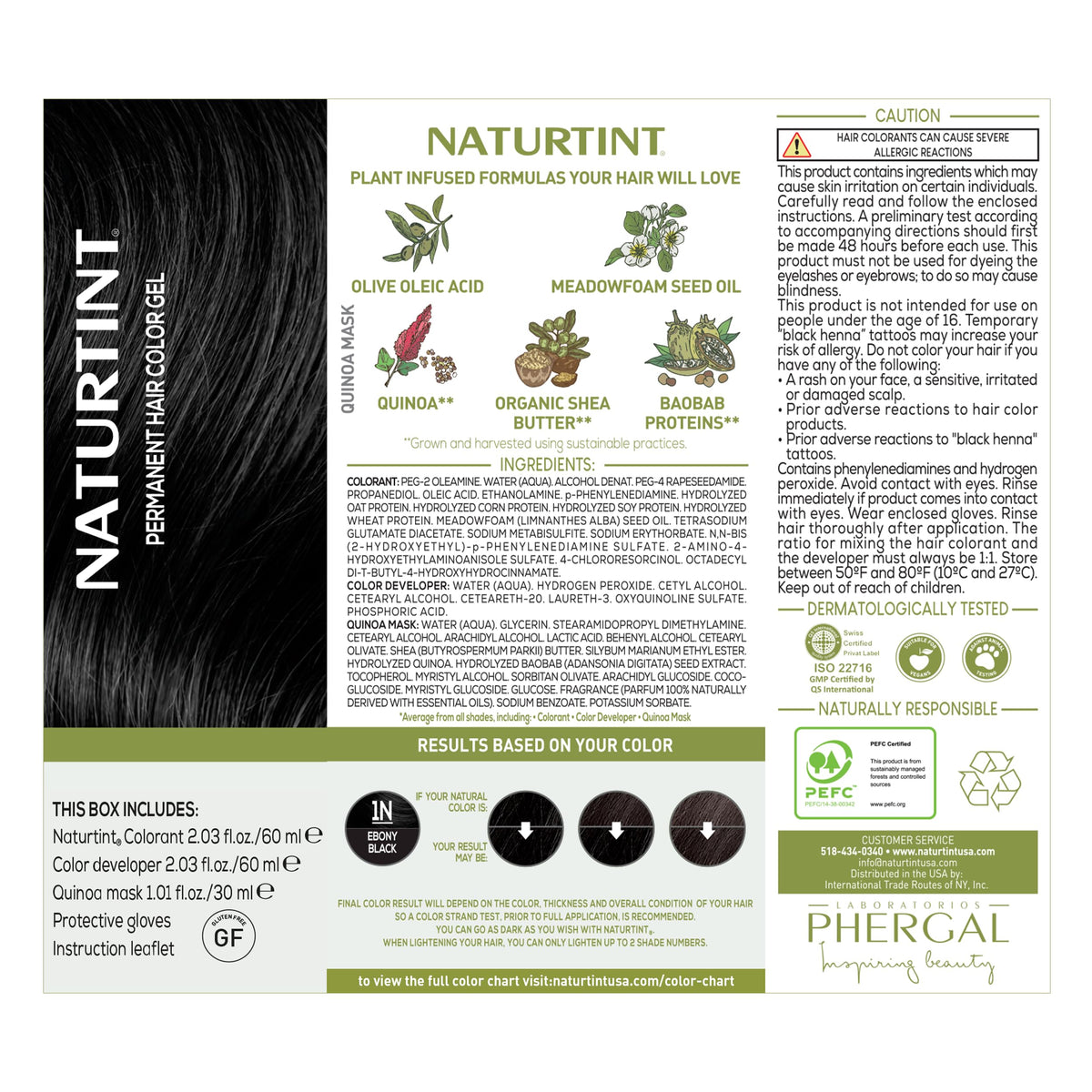Naturtint 1N Ebony Black plant-based formula: nourishes hair while coloring for a vibrant finish
