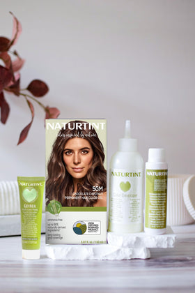 Naturtint 5GM Chocolate Chestnut application kit demonstrates easy, mess-free color at home.