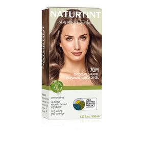 Naturtint 7GM Chocolate Caramel color bottle showing vegan, ammonia-free formula.