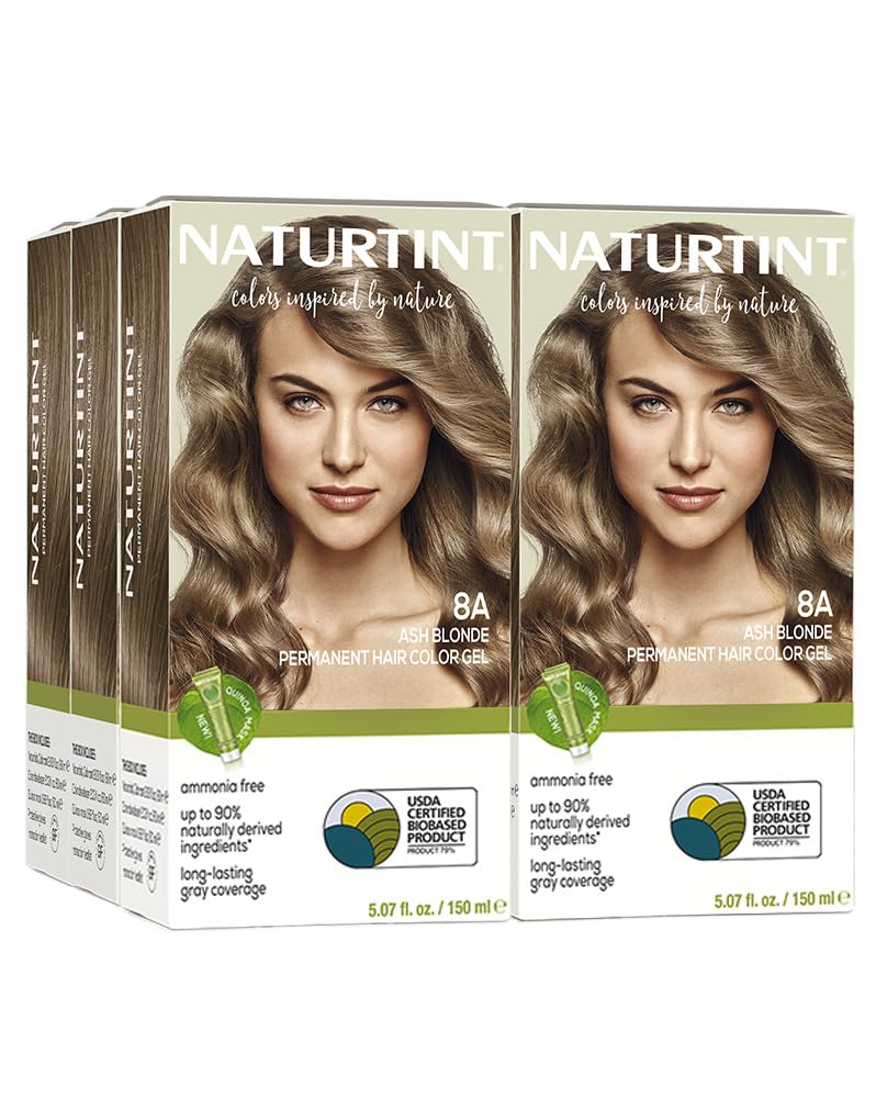 Naturtint 8A Ash Blonde permanent color in six-pack packaging for home use.