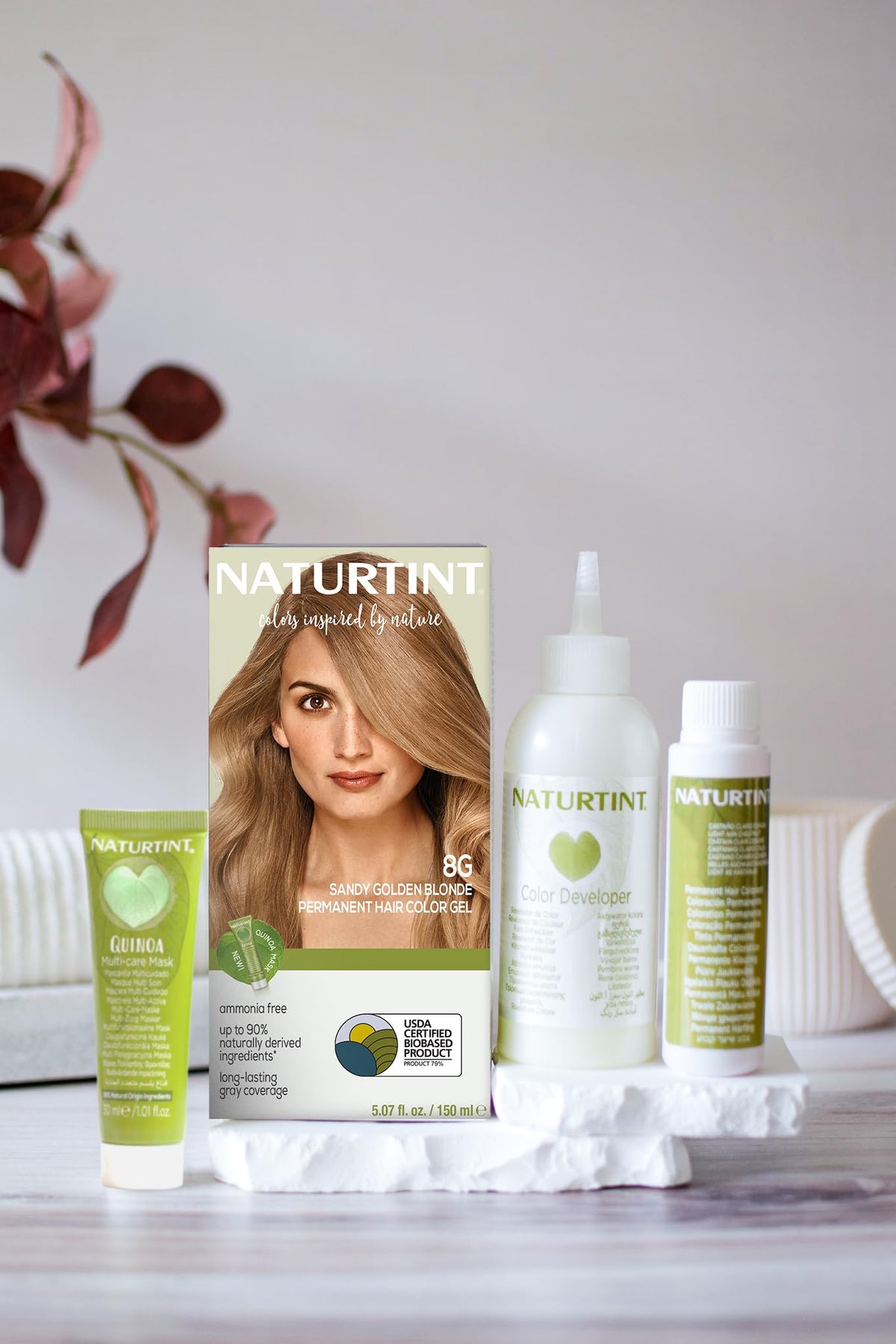 Naturtint 8G Sandy Golden Blonde color mix demonstrates easy at-home application.