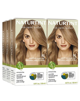 Naturtint 8G Sandy Golden Blonde packaging highlights vegan, cruelty-free color care.