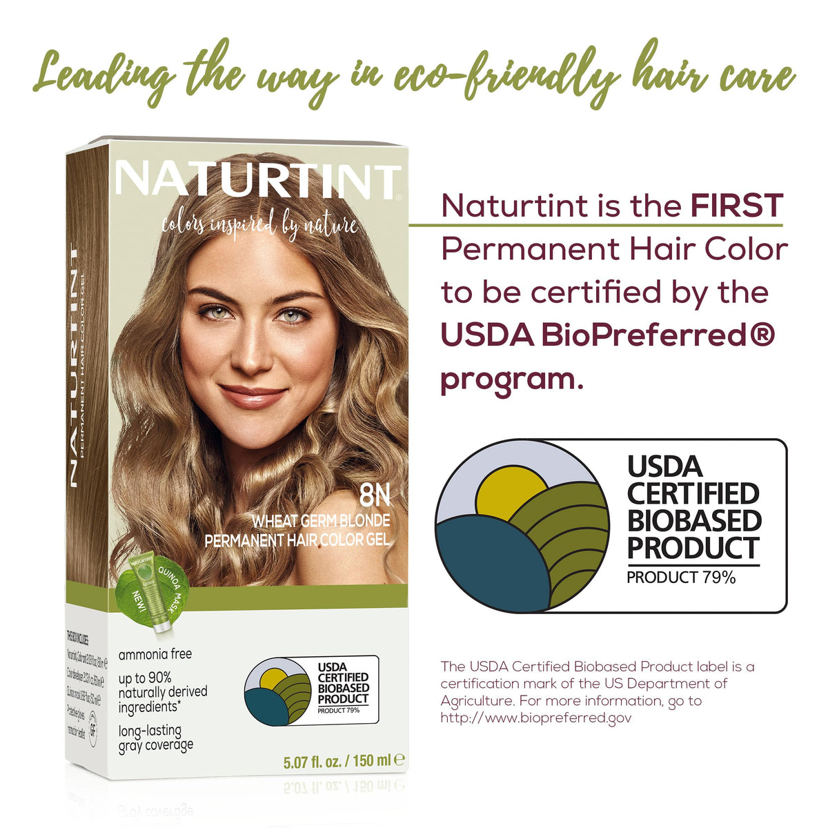 Naturtint 8N Wheat Germ Blonde swatches illustrate natural shade range for seamless gray coverage.