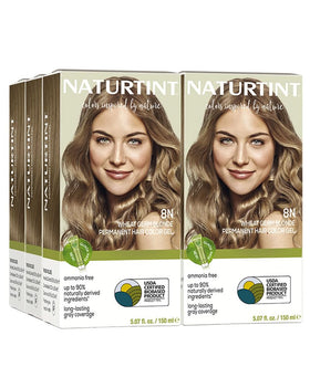 Naturtint 8N Wheat Germ Blonde packaging shows ammonia-free, vegan color option for home use.