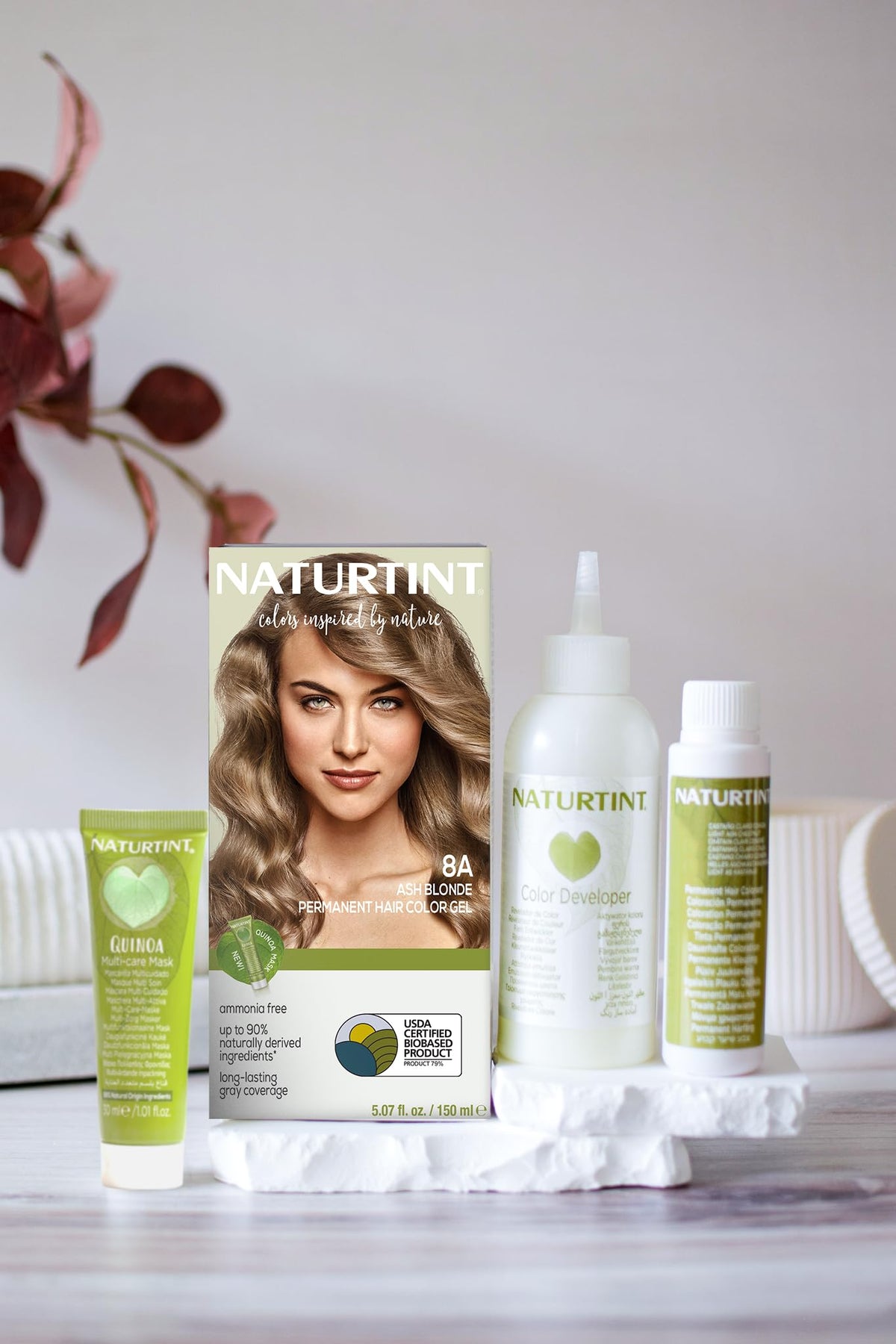 Naturtint ash blonde color bottle shows simple mixing for easy at-home coloring.