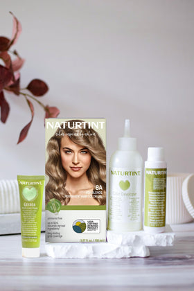 Naturtint ash blonde color bottle shows simple mixing for easy at-home coloring.