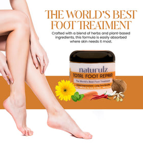 Naturulz Total Foot Repair cream on feet image highlights softening of rough skin