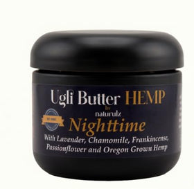 Naturulz Ugli Butter Night Cream jar close-up showing creamy texture and calming botanicals.