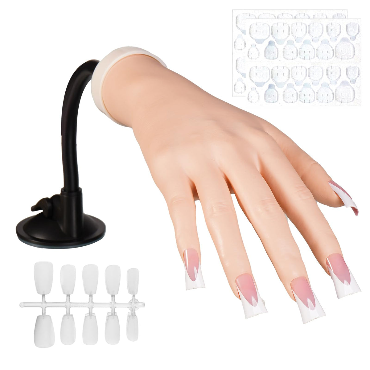 Naughtology silicone practice hand on a stand shows lifelike texture for acrylic nail practice.