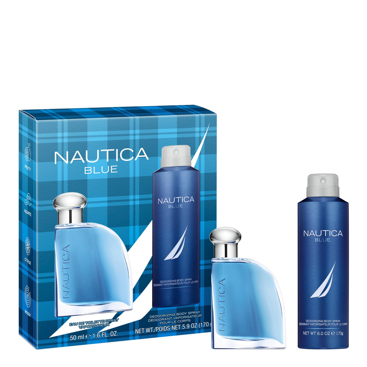 Nautica Blue Gift Set packaging showing the EDT and deodorant for everyday freshness.