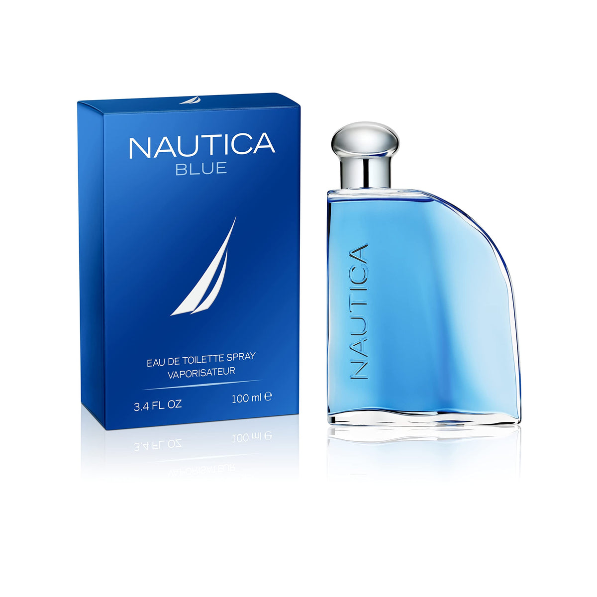 Nautica Blue EDT close-up on cap, modern masculine style.