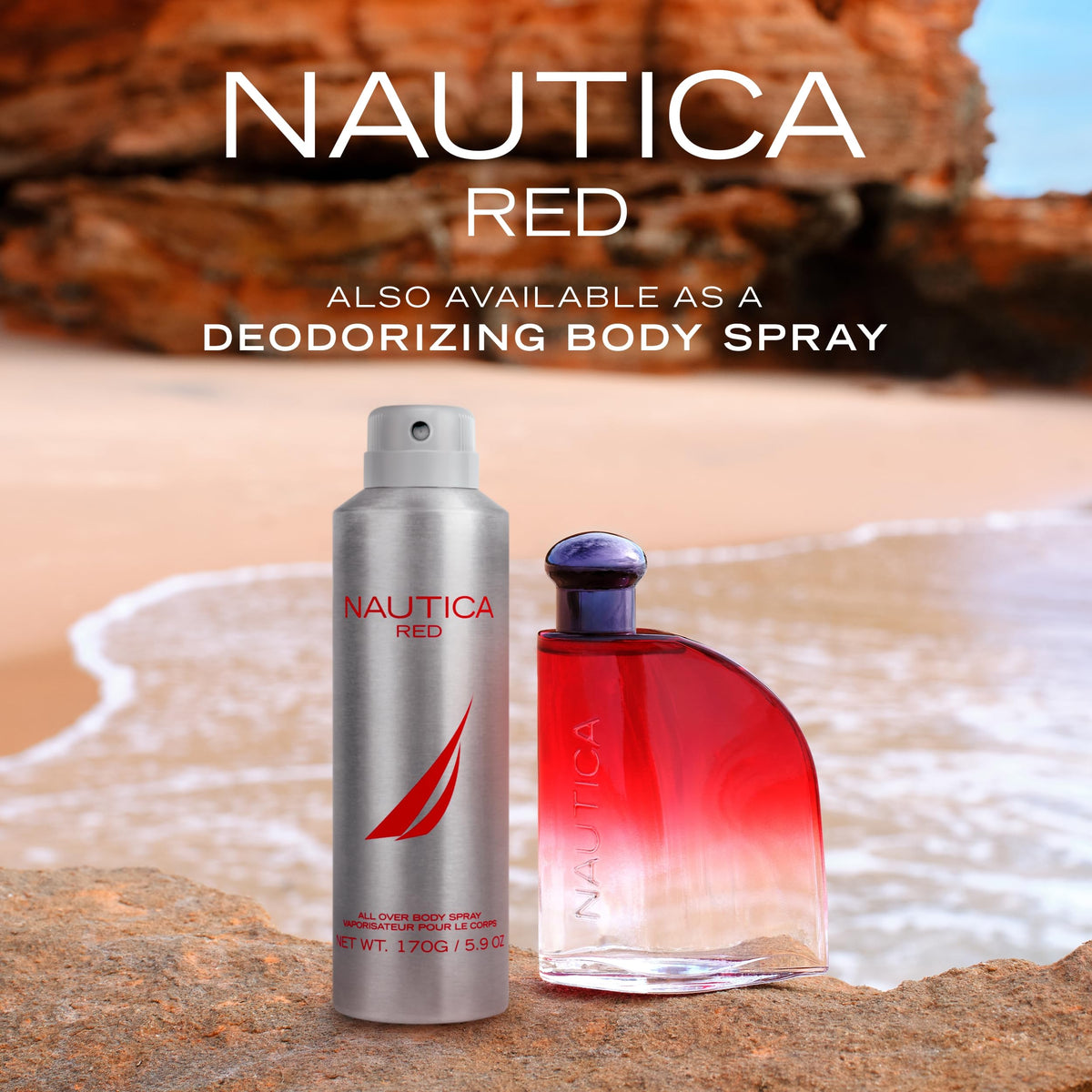 Front view of Nautica Color Red spray bottle, ready for daily wear.